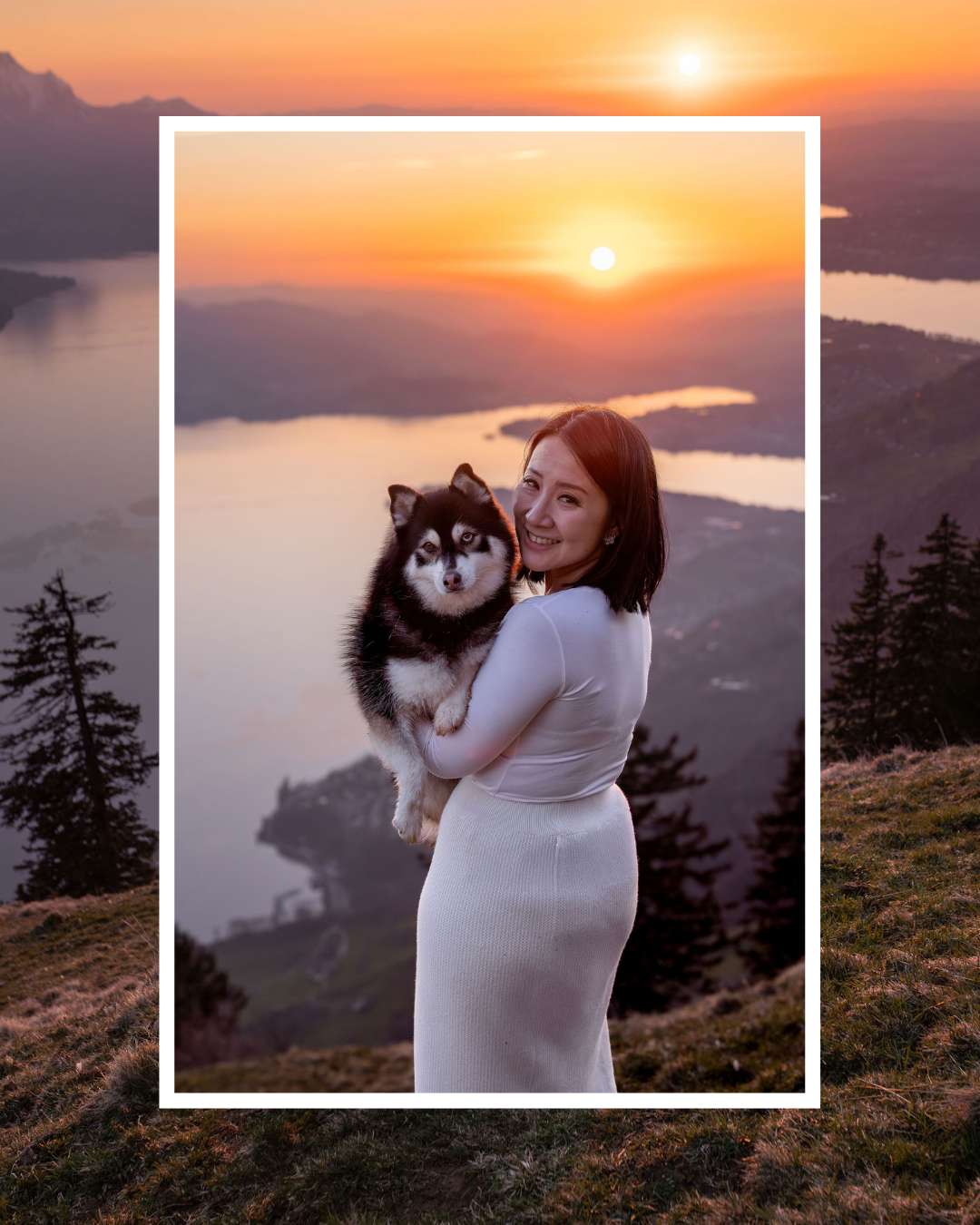 Pomsky dog and humom posing at sunset on Mt. Rigi near Lucerne