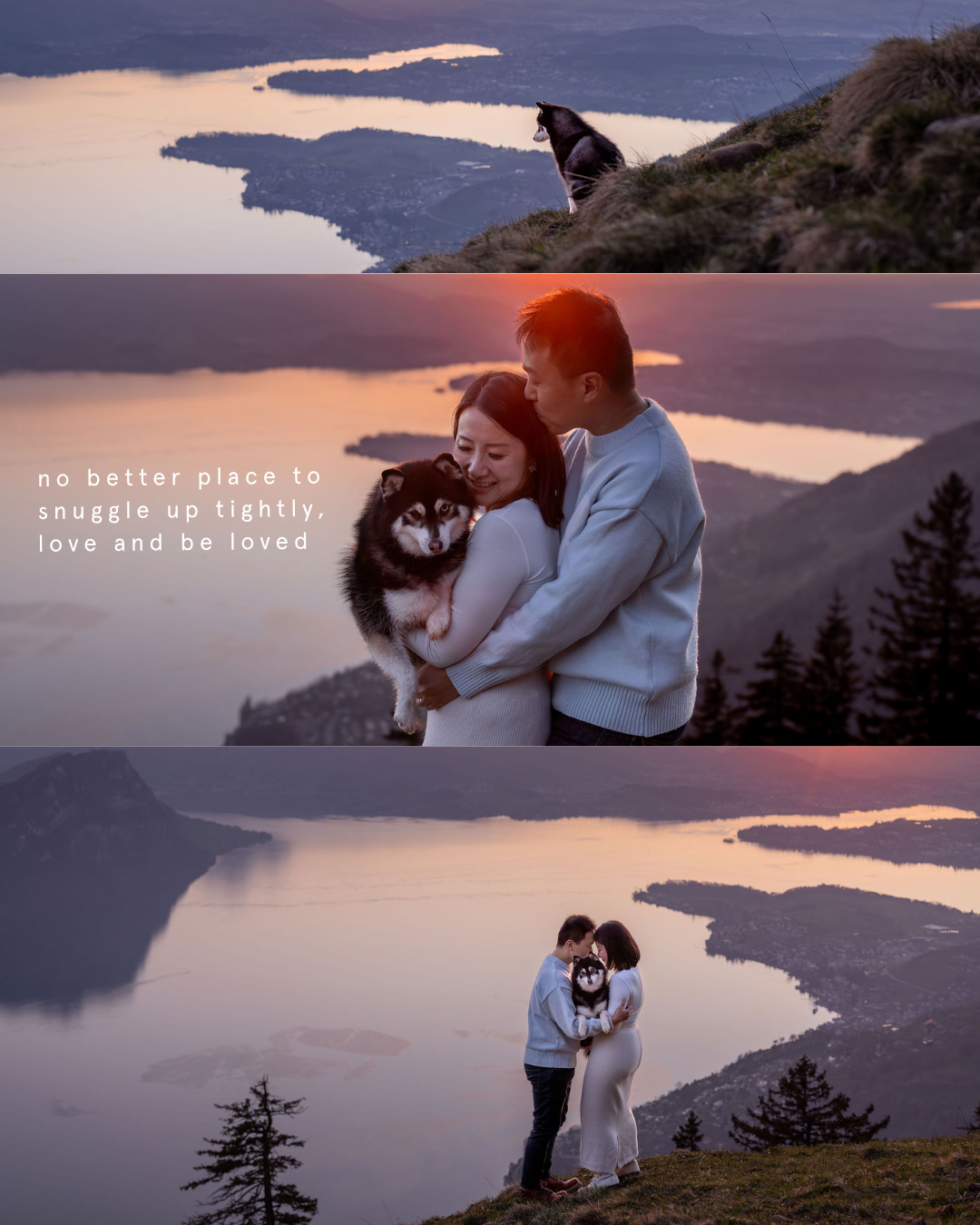 couple photoshoot with a dog during sunset on Mt. rigi