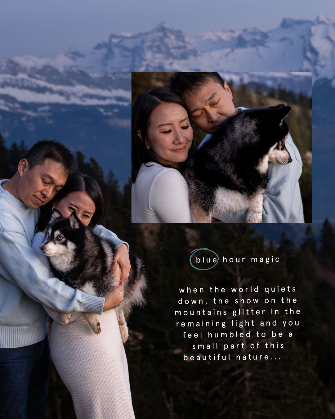 Couple photoshoot with a dog in the Swiss Alps during blue hour